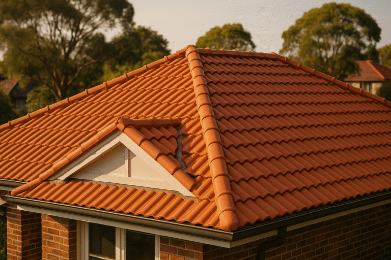 Terracotta-tiled roof on a suburban Sydney home under clear sky.