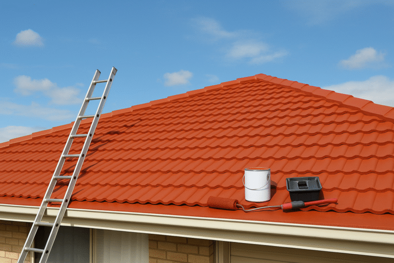 Freshly painted terracotta tile roof with a ladder, paint can, roller, and tray under a bright blue sky.