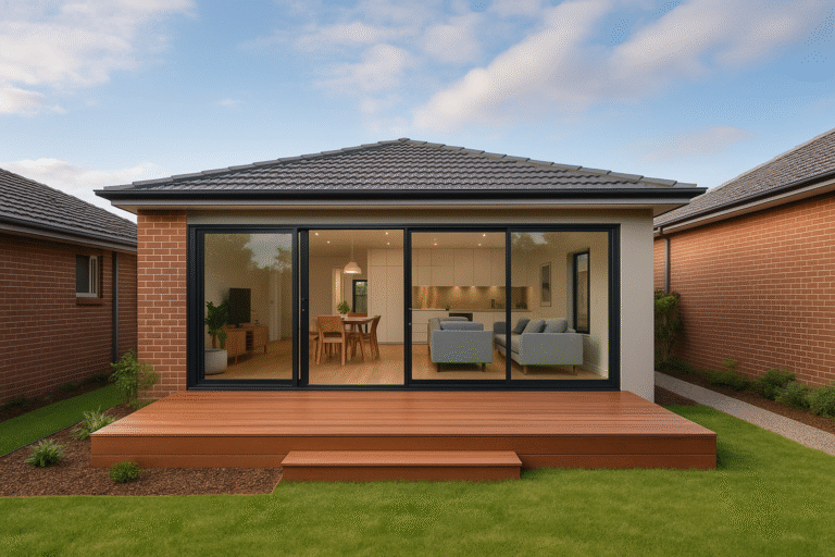 Modern rear home extension with sliding glass doors, timber deck, and landscaped backyard under a partly cloudy sky.