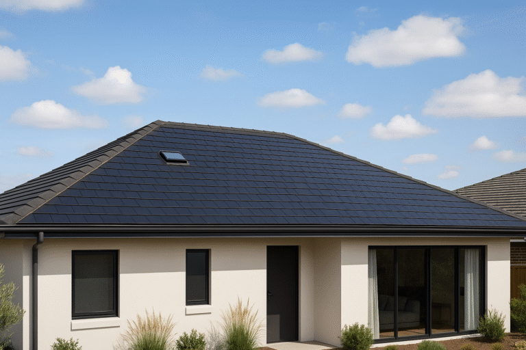 Modern home with integrated solar tiles flush-mounted into a dark tiled roof under a clear sky.