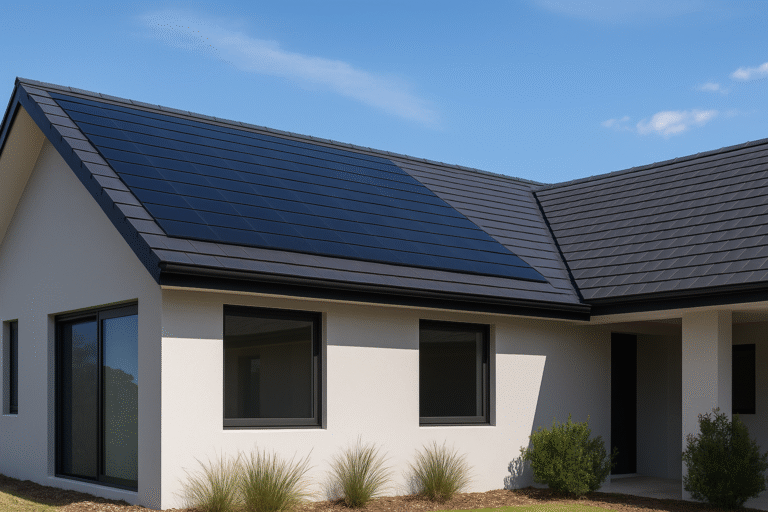 Modern Australian home with integrated solar roof tiles under clear sky.