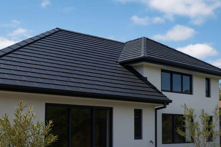 Modern home with a newly installed Nulok-style tile roof under a partly cloudy sky.