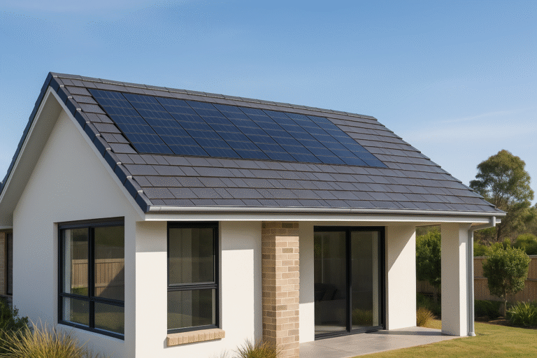 Modern Australian home with integrated solar tiles on a clean, dark tiled roof under clear midday sky.
