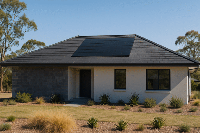 Modern Australian home with slate roof and integrated solar tiles under a clear sky.