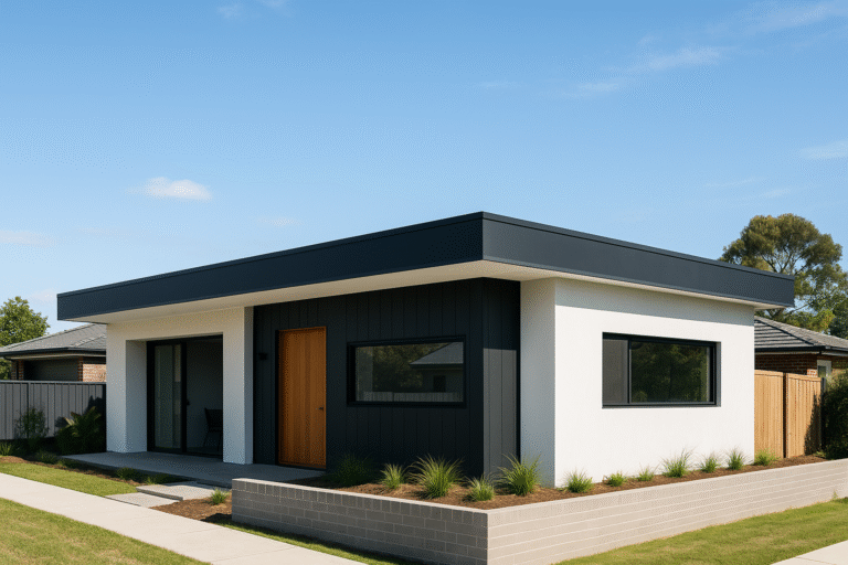 Modern flat roof house with white and dark grey exterior under a clear blue sky.
