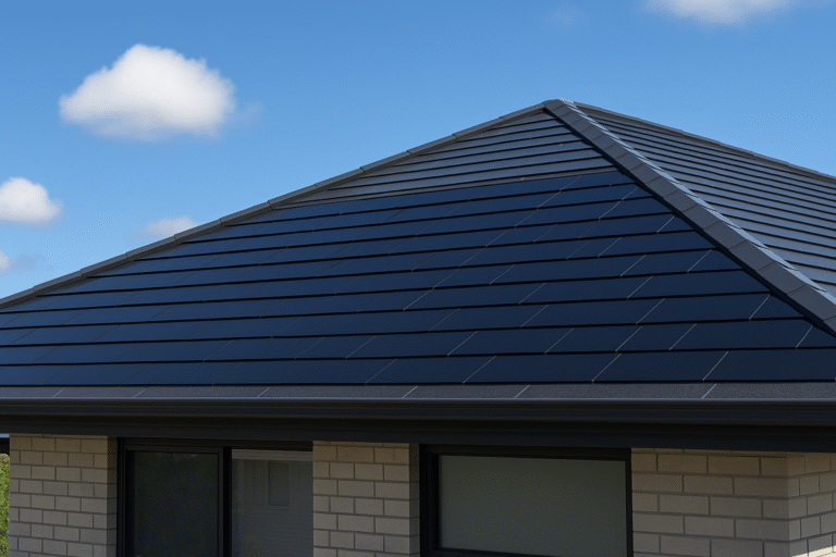 Modern home with integrated Nulok solar tiles under midday sun and blue sky.