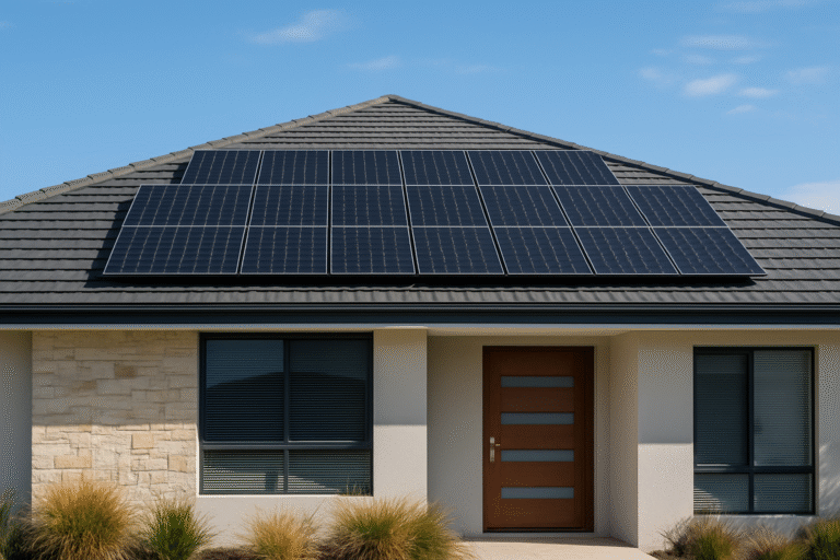 Modern home with a solar roof featuring integrated solar tiles under midday sun.