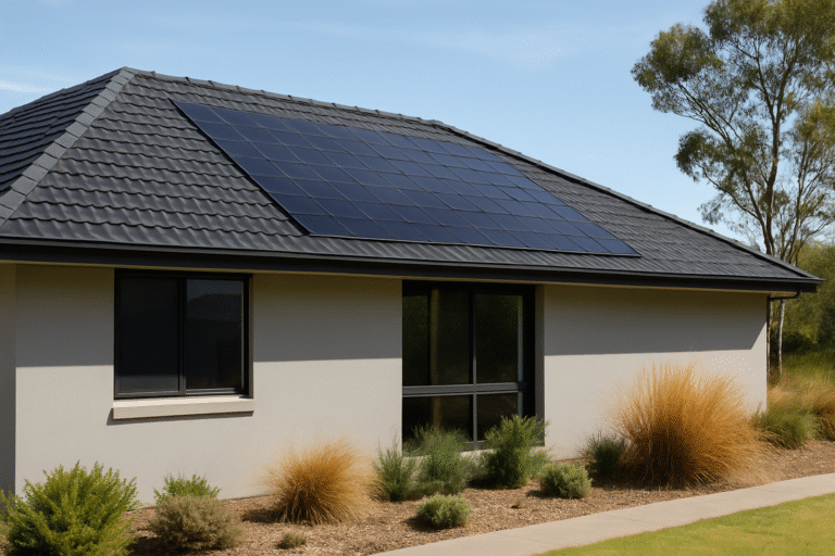 Modern Australian home with solar energy roof tiles integrated into a dark tiled roof under clear midday sun.
