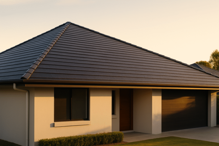 Australian home with full solar tile roofing in warm afternoon light.