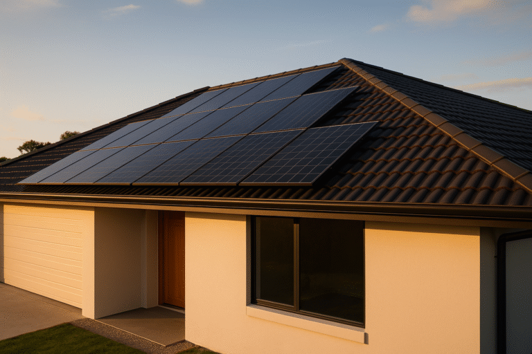 Australian home with solar roof panels installed across a pitched roof.
