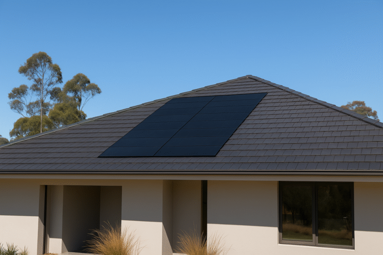 Sleek modern home with solar energy roof tiles seamlessly integrated into a dark tiled roof under bright midday sunlight.