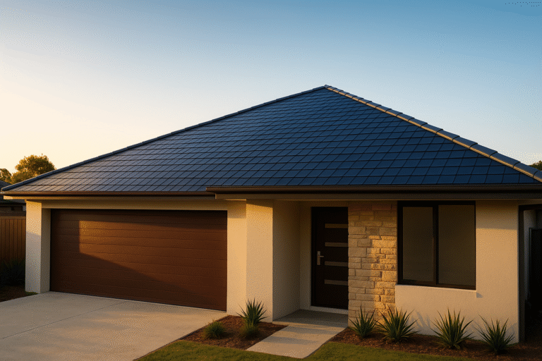 Modern Australian house with solar cell roof tiles installed.