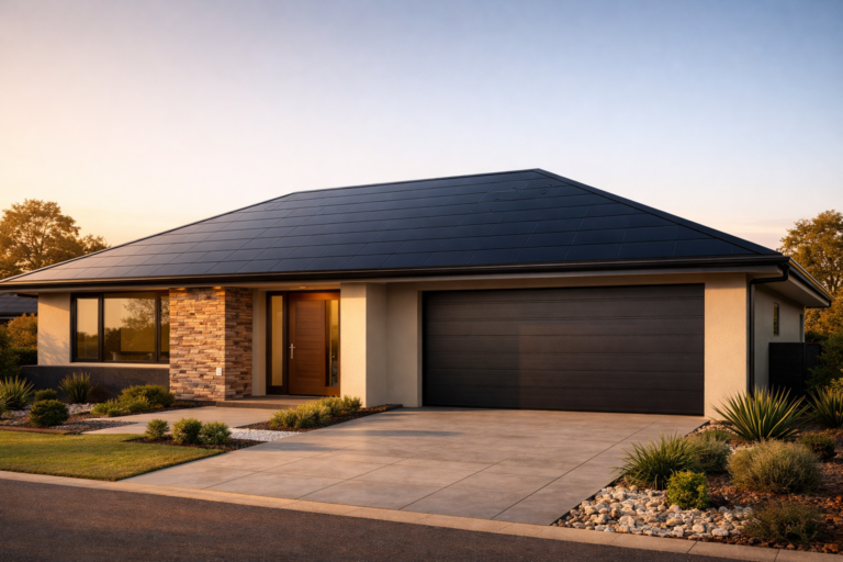 Australian home with a solar roof installed across a pitched roof in warm afternoon light.