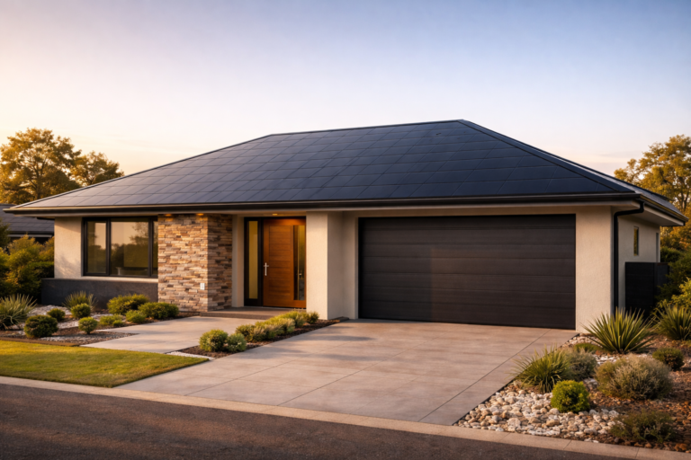 Australian home with solar roofing sheets forming the roof surface.
